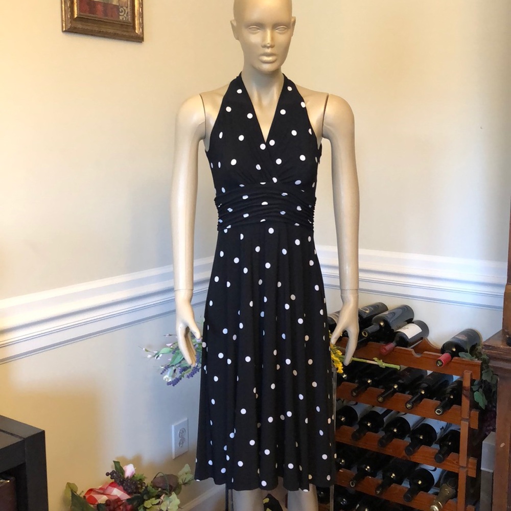 Chaps Sleeveless Black white polka dot dress